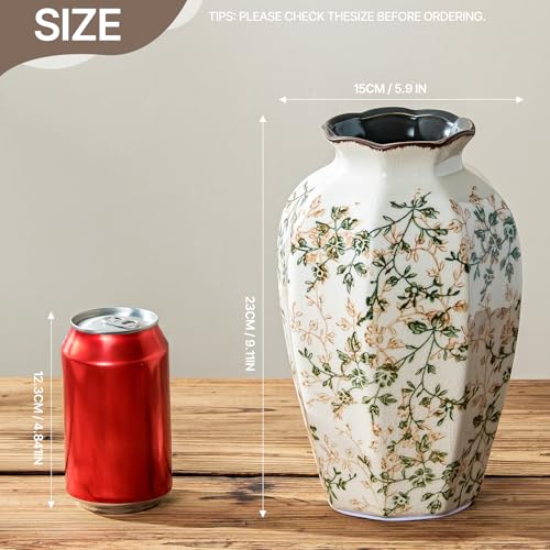 for Mom from Daughter or Son, Vintage Pastoral Octagonal Ceramic Vase 9.1”, Green & Beige Chinoiserie Floral Vase, Rustic Farmhouse Decor for Living Room, Kitchen, Bedroom, Shelf - color: 02-green and Beige