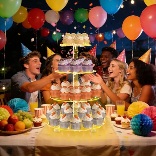 YestBuy 4 Tier Round Cupcake Stand, Cupcake Holder, 4 Tier Cupcake Tray, Acrylic Cake Tower Stand Display for Pastry + LED Light String, Ideal for Weddings, Birthday Parties (Yellow) - color: Yellow, size: 4 Tier Round