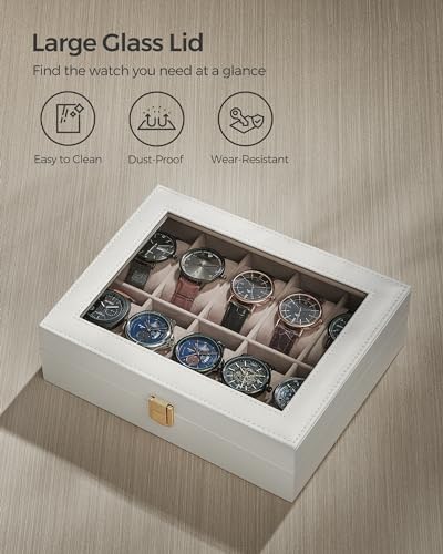 SONGMICS Watch Box, 10-Slot Watch Case Organizer with Large Glass Lid, Removable Pillows, Gift for Loved Ones, Cloud White Synthetic Leather, Cappuccino Beige Lining UJWB010W01 - color: Cloud White + Cappuccino Beige, size: 10 Slot
