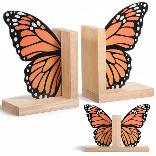Decorative Butterfly Bookends Wooden Acrylic Butterflys Bookend Modern Bookshelf Decor Accent Book Stopper Decor for Home Farmhouse Shelves Office Lover Gift (Monarch Butterfly) - style: Monarch Butterfly
