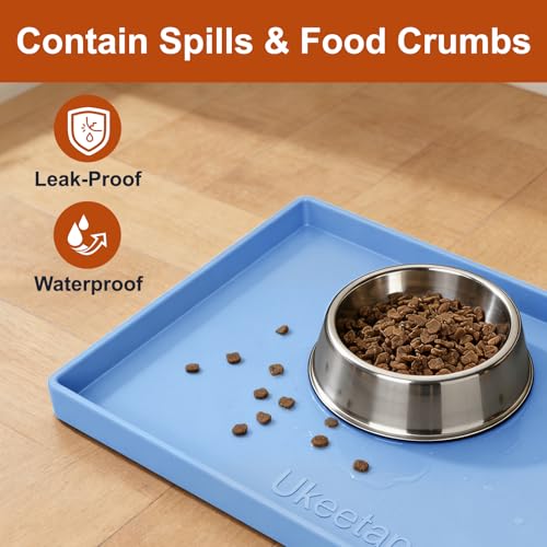 ukeetap Extra Thick Silicone Mat Waterproof with Raised Edge 19” x 12”, BPA Free Non-Slip Dog & Cat Food Mat, Feeding Mat for Food and Water Bowls, Spill Proof Mat to Protect Floors, Blue - color: Blue, size: 19" x 12"