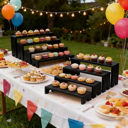 Wooden Display Stand Wood Tiered Racks, 2 Set 8 Piece Wood Display Shelf for Cupcake,Jewelry,Card, Vendor Events, Table Shelves Wooden Riser Organizer Dessert Showcase-Black - color: Black
