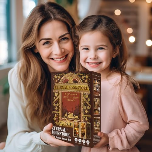 Cutefun Book Nook Kit Library, DIY Miniature Booknook Kit for Adults, 3D Wooden Puzzle Bookend Bookshelf Decor with LED Light & Dust Cover Christmas Crafts Gifts for Book Lovers (Eternal Bookstore) - style: Eternal Bookstore