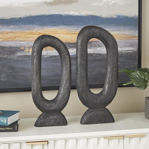 Deco 79 Mango Wood Abstract Decorative Sculpture Cutout Oval Home Decor Statues, Set of 2 Accent Figurines 20", 18"H, Black