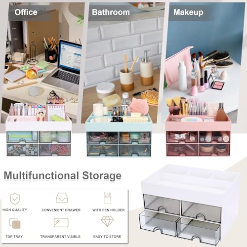 Meiikun Desk Organizer, Office Organizer with Drawer, Desk Accessories & Workspace Organizers, Pen Holder Office Supplies for Desk (4 Drawers+4 Compartments, White) - color: 4 Compartments + 4 Drawer (White)
