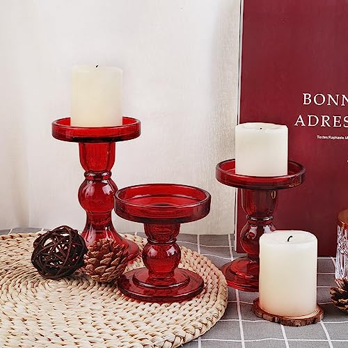 6-Piece Set of Red Glass Candlestick, Crystal Candlestick Holder Holder and Conical Candle, Christmas Candle Holder Decoration, Family Living Room Wedding Candle Holder (red2sets) - color: Red2sets