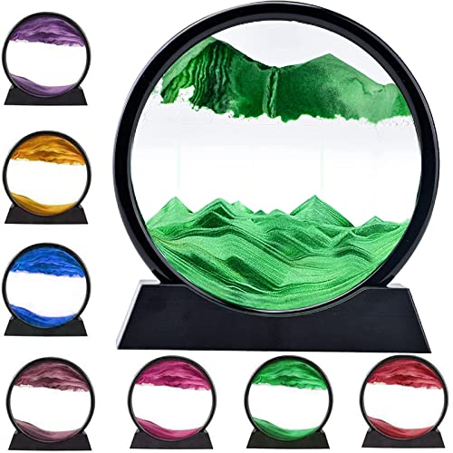 rysnwsu 3D Dynamic Sand Art Liquid Motion, Moving Sand Art Picture Round Glass 3D Deep Sea Sandscape in Motion Display Flowing Sand Painting Relaxing Desk Toys (Green, 7'') - color: Green, size: 7''
