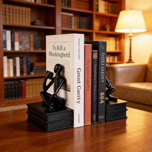 Reading Figurine Book Ends Book Lovers Gifts for Bookshelf Decorations for Readers, Graduates, Students, Teachers, Sculpture Home Decor for Shelves Desk Office Living Room (Black) - color: Black