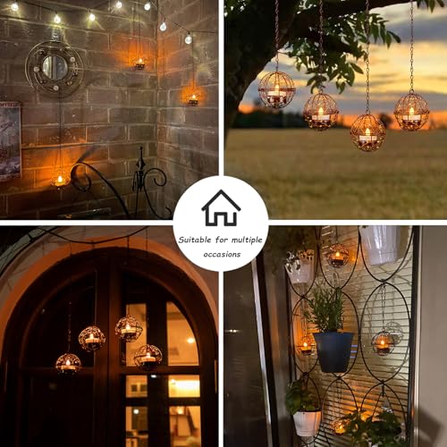 Outdoor Solar Hanging Lanterns Waterproof, Globe Hanging Candle Holder with Flickering Solar Powered Tea Lights, Chargeable Chandelier Light for Backyard Patio Garden Fence Tree Decoration-4Pack