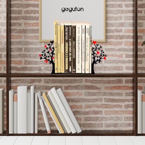 Tree Bookends with Heart-Shaped Leaves - Steel with Epoxy Coating and Wood Base - Decorative Pair of Book Holders for Shelves and Desk - Black with Red Accents – Geguton - color: Flower-heart Tree - Red and Black