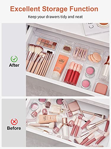 SMARTAKE 22-Piece Drawer Organizer with Non-Slip Silicone Pads, 4-Size Clear Desk Drawer Organizer Trays Storage Tray for Makeup, Jewelries, Utensils in Bedroom Dresser, Office and Kitchen, Clear - size: Large