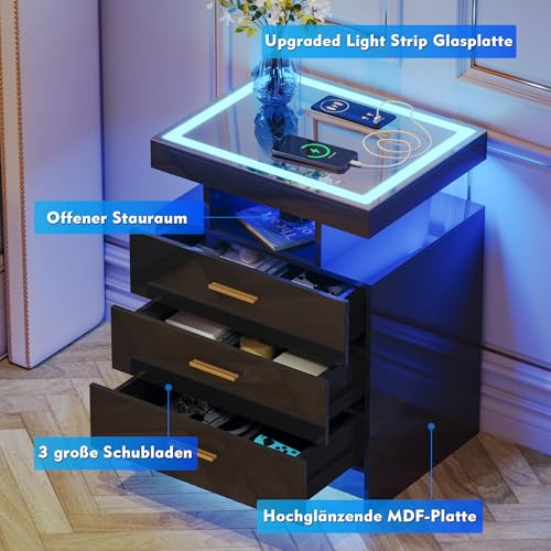 Lvifur LED Nightstand with Wireless Charging Station, Auto Sensor 3 Color Dimmable Night Stand, Modern Bedside Table with 3 Drawers & 3 Open Compartments for Bedroom, Black - color: Black 3 Drawers-glass Top