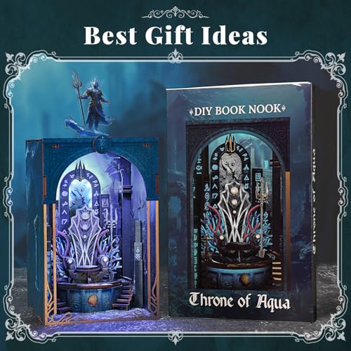 CCCDF Throne of Aqua DIY Book Nook Kit, Wooden Bookend with LED Light, 80 PCS Easy Miniature Dollhouse, Bookshelf Insert Decor with Bonus Ornament, Creative Craft Gift for Adults Teens - style: Throne of Aqua