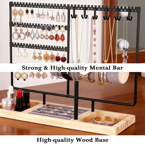 Ciormis 5 Tier Jewelry Holder Organizer, 72 Holes Earring Tree Holder Organizer 12 Hooks Necklace Rack Display Holder with Ring Storage Tray Bracelet Display Holder for Preppy Girl Friend Gift(Black) - color: Black-new