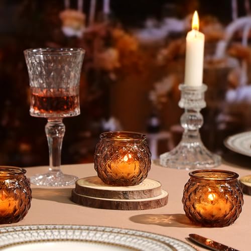 DARJEN Amber Votive Candle Holders Set of 24 - Round Glass Candle Holders for Table Centerpiece, Tea Lights for Home & Vintage Wedding Decorations - color: Amber