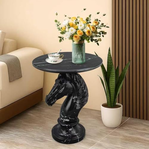 Modern Accent Table Living Room Horse Statue Black Contemporary‌ Faux Marble Night Stand Side Table with Horse Head Base Reception Area & Bedroom（Width 19.69" ——Tall 24.8"） - style: Black gold striped personalized horse head table