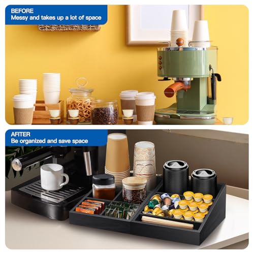 MINCORD Coffee Station Organizer Coffee Condiment Service Tray with 9 Compartment for Counter, Wood Coffee Bar Supplies Organizer for Home Office Breakroom Two-in-One Black