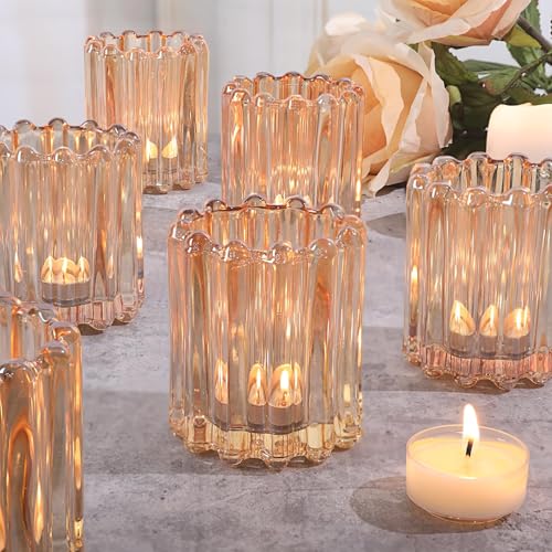 HAVITI 6 Pcs Votive Candle Holder, Gold Glass Large Candle Holders, Tealight Candle Holder for Fall Wedding Centerpieces Dinner Party Table Decor - color: Gold