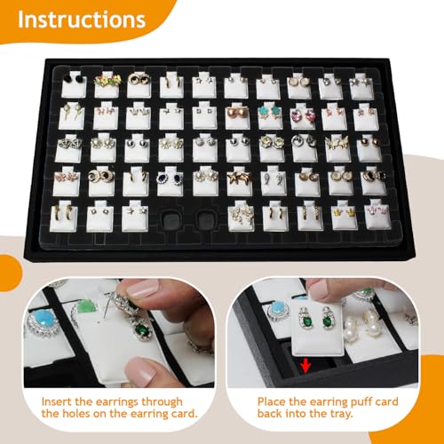 Ikee Design 2 Pcs Set Black Earring Display Tray with 50 Earring Cards Organizer, Jewelry Tray Display for Stud Earring Collection, 100pcs Earring Puffy Cards, 14 3/4W x 8 1/4D x 1H in, White, Black - color: Small Earring Card