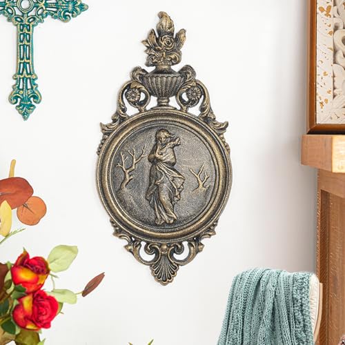 Sungmor Ornate Cast Iron Wall Art Plaque – Classical Woman Relief in French Country Style, Decorative Wall Sculpture - Vintage Hanging Décor for Home, Garden, or Patio – Rustic Gold Finish - color: Rustic Gold & A