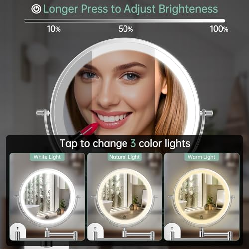 FUNTOUCH 2500mAh Rechargeable Wall Mounted Lighted Makeup Vanity Mirror 8 Inch Double Sided 1X 20X Magnifying Bathroom Mirror, 3 Color Lighting, Touch Dimming, Extended Arm 360° Light up Mirror - color: Bright Chrome