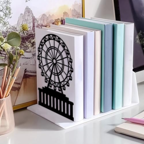 Peacoblue Metal Bookends for Shelves, Modern Decorative Heavy Duty Study Book Ends Stoppers for Office, Desk, Shelf, Room 5.3"x4.3"x7.9" Cast Iron Simple Tall Bookends 1 Pair (Ferris Wheel) - style: Ferris Wheel