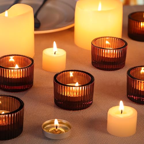 Lanttu Tealight Candle Holder Set of 12, Amber Small Votive Candle Holders for Table Centerpiece,Glass Tea Light Candles Holder for Party&Home,Wedding Decor - color: Amber
