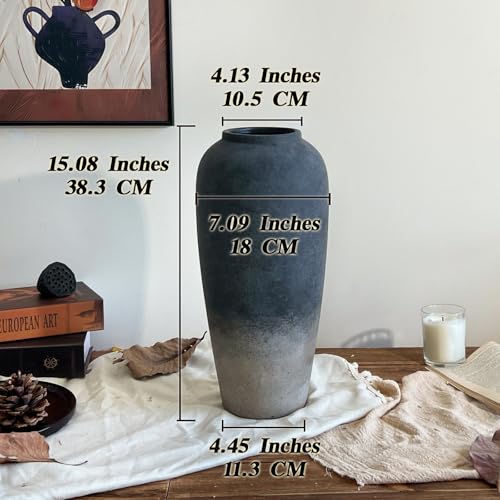15 Inch Rustic Ceramic Vase, Black Flower Vase for Centerpieces, Farmhouse Decor for Living Room, Entryway & Kitchen, Vintage Pottery Vase for Wedding Gifts - color: Black, size: Large