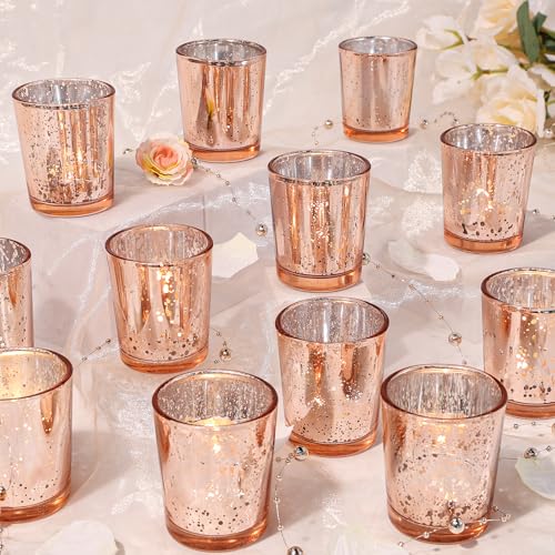 UPBUD Votive Candle Holders Set of 24, Speckled Mercury Rose Gold Glass Candle Holders for Wedding Centerpiece Table Decorations, Tealight Candle Holder for Party Bridal Shower Decor, Home Decor - color: Rose Gold