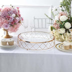 Efavormart 14" Round Gold Metal Geometric Cake Stand with Glass Top - Glossy Metallic Dessert Riser for Cupcake, Pastry and Candy Display Centerpiece