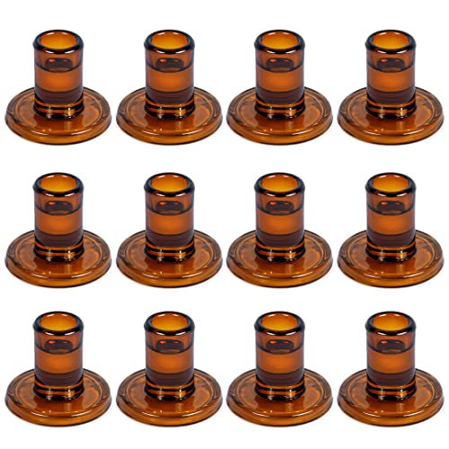 12PCS Dark Amber Taper Candle Holders, Glass Crystal Candlestick Holders Bulk, Clear Candle Holders for Dining Table Centerpiece - color: Dark Amber 12pcs
