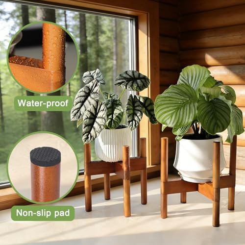 Vigordream Plant Stand Indoor, Wood Plant Holder, Mid Century Modern Decor Tall Planter Stands, 2 Height Displays Corner Single Flower Stand for Balcony, Living Room,Garden Patio Fit 5-12 Inch Pots - size: 12 Inch