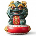 Natural Himalayan Granite Guardian Lion Figurine, Chinese Feng Shui Wealth-Attracting Ornamental Animal Sculpture, Green Good Luck Decorative Statues with Red Base for Home Tabletop Decor, Set of 1