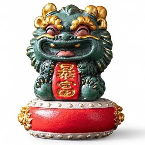 Natural Himalayan Granite Guardian Lion Figurine, Chinese Feng Shui Wealth-Attracting Ornamental Animal Sculpture, Green Good Luck Decorative Statues with Red Base for Home Tabletop Decor, Set of 1