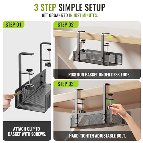 [Upgraded] 2 Pack Cable Management Under Desk Tray, Xpatee 27.6" No Drill Open Slots Cable Management Tray, Cord Wire Organizer Box with Clamp for Table Thickness up to 3" - No Desk Damage(Black) - color: Black, size: 2 Pack (Upgraded Mesh)