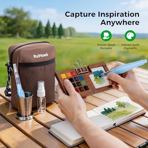 15-Color Watercolor Paint Set, All-in-One Travel Water Color Kit with Wood Palette, Sketchbook & Bag, Non-Toxic Portable Painting Set for Adults, Beginners, Artists & Outdoor Urban Sketching - color: 15 Colors