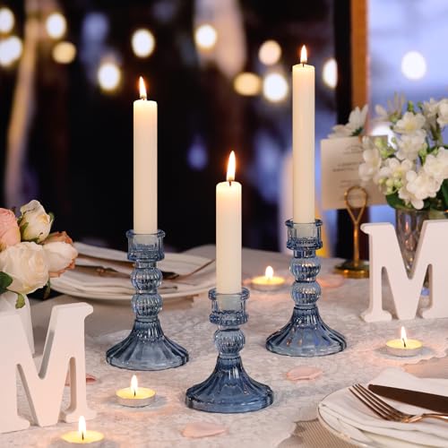 DARJEN 6Pcs Blue Candlestick Holders Set - 4" H & 5" H Striped Taper Candle Holders Bulk, Glass Candle Holders for Wedding, Festival, Party, Table Centerpiece, Gifts - color: Blue, size: Striped Pattern