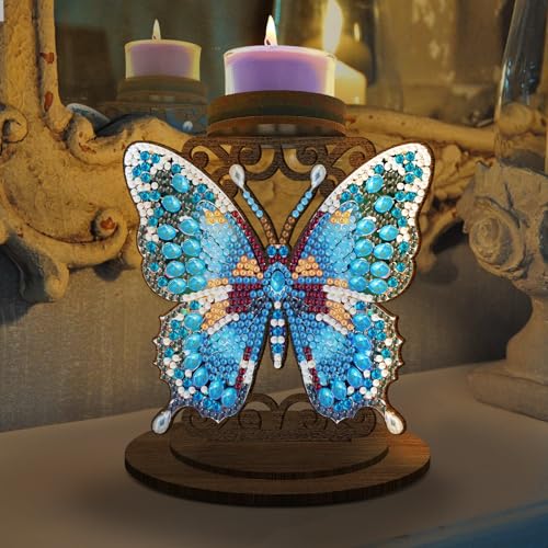 BAYUNOE DIY Candlestick Holders Wooden Desktop Diamond Art Painting Candle Holder Double-Sided Diamond Vintage Modern Decorative for Table Mantel Wedding Dinning Party-Blue Butterfly02 - color: Blue Butterfly02