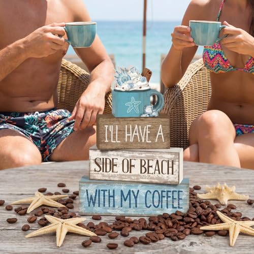 Lineshading 4 Pcs Summer Table Decorations Beach Coffee Bar Wooden Block Sign Blue Rustic Coastal Tiered Tray Decor with Coffee Cup Summer Centerpieces Decor for Beach Nautical Party Office Home - style: Beach