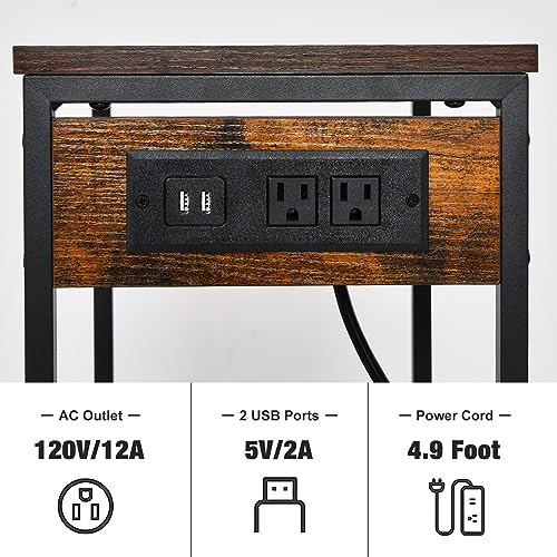Asgolion Tall End Table with Charging Station, 3 Tier Narrow Tall Nightstand with Storage, Slim Side Table with USB Ports and Outlets for Bedroom, Living Room, Office, Rustic Brown and Black - color: Rustic Brown, style: With Outlet