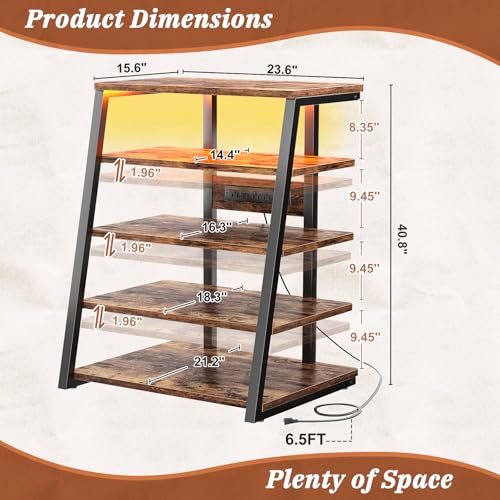 Armocity 5-Tier AV Media Stand with Power Strips, Media Console with LED Lights, Audio Tower Rack with Adjustable Shelves, Stereo Stands and Racks, 40.8'', Rustic Brown - color: Rustic Brown, size: 40" (H)