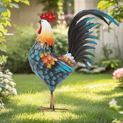 32" Large Metal Rooster Yard Decor, Outdoor Garden Statues, Metal Chicken Sculpture for Backyard Patio Kitchen Living Room Decor - color: 32"h Extra-large Blue Rooster