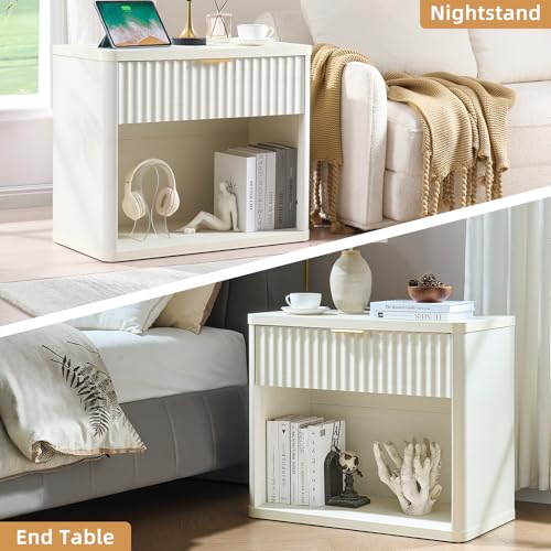 LEYAOYAO 31" Wide Fluted Nightstand with Charging Station, Oversized Extra Large 1 Drawer Night Stand with Golden Handle, White Wood Bedside Table Tall End Tables,for Bedroom, Living Room, Hallway - color: White, size: 1 Drawers