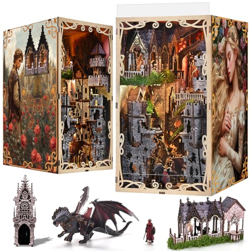 MiniCity DIY Book Nook Kit for Adults, 3D Wooden Puzzle Bookend Bookshelf Insert Decor with LED Light and Dust Cover (Sleeping Beauty) - style: Sleeping Beauty
