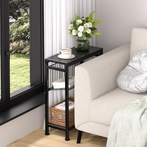End Table for Small Space, 3-Tier Narrow Side Table with Magazine Holder, Nightstand, Skinny Snack Couch Table in Living Room, Bedroom Study and Balcony (Black) - color: Black