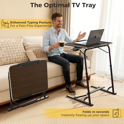 FoldWise Upgraded Folding TV Tray Table - Extra Large & Sturdy Laptop Table for Couch, Height & Angle Adjustable Desk for Dinner, Work & TV - Includes Footrest, Cup Holder, iPad Holder & Edge Stopper - color: (Black) - Dark Wood Mahogany