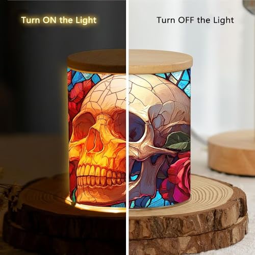 Stained Glass Skull Tea Light Candle Jar for Home Decoration, Skull and Roses Tealight Candle Holders Glass Candle Jar with Bamboo Lid, Candle Candlestick for Thanksgiving Christmas Birthday - color: Skull Rose