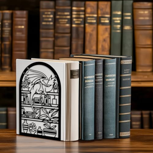 Peacoblue Metal Bookends for Shelves, Modern Decorative Heavy Duty Study Book Support Stoppers for Office, Desk, Shelf, Room 5.3"x4.3"x7.9" Cast Iron Bookends, 1 Pair (Cartoon Dragon and Bookcase) - style: Cartoon Dragon and bookcase