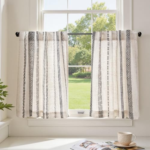 jinchan Boho Kitchen Curtains 24 Inch Linen Tier Curtains with Geometric Pattern Bohemian Cafe Small Light Filtering Window Treatment for Living Room RV Back Tab 2 PanelsBlack on Linen - color: Liora | Black on Linen, size: 26"W x 24"L (Pack of 2)