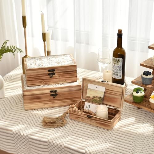 DECOR4SEASON Wooden Box Set of 3 - Rustic Farmhouse Decorative Boxes with Hinged Lid and Carved Design - color: White&Brown, size: S&M&L